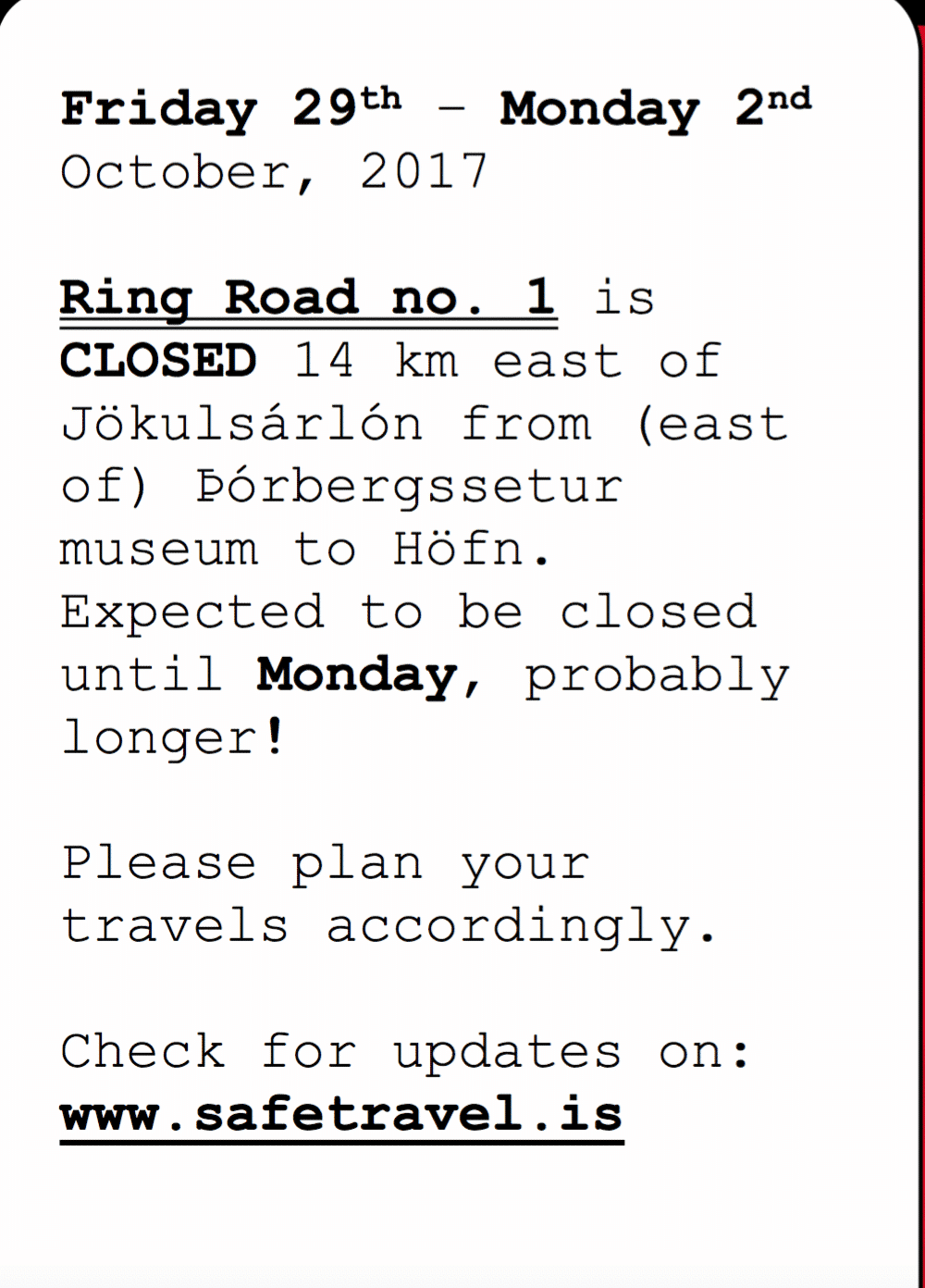 Camper & Motorhome Rental Iceland | The Adventure Menu 17 Safetravel warning – ringroad 1 closed