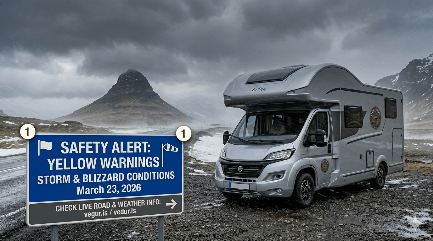 Iceland Travel News & Weekly Dispatches | Camper Iceland 49 🚩 WEATHER ALERT: Yellow Warnings – Storm & Blizzard Conditions (March 23, 2026)